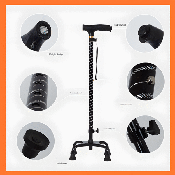 Four-Claw Aluminum Alloy Cane with Light, Adjustable Walking Stick - Obrázek 2