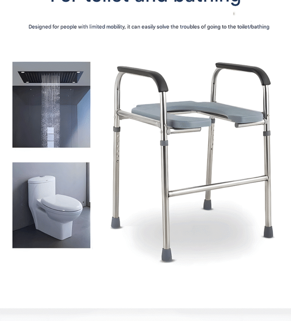 Stainless Steel Toilet Chair, Height-Adjustable Mobile Commode for Elderly - Image 2